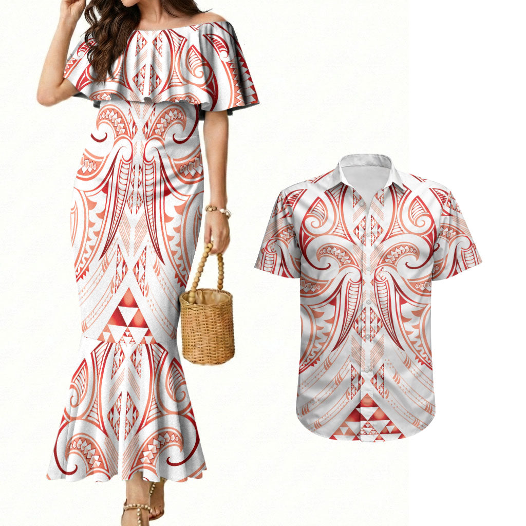 Maori Rugby Custom Ngaru Mangopare Couples Matching Mermaid Dress and Hawaiian Shirt Whero Niho Taniwha Motif