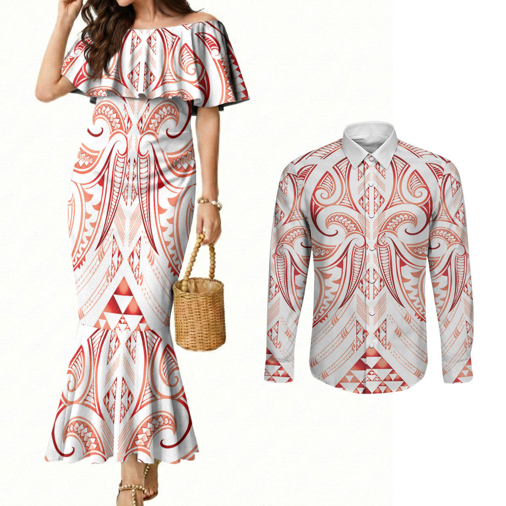 Maori Rugby Custom Ngaru Mangopare Couples Matching Mermaid Dress and Long Sleeve Button Shirt Whero Niho Taniwha Motif