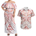 Maori Rugby Custom Ngaru Mangopare Couples Matching Off Shoulder Maxi Dress and Hawaiian Shirt Whero Niho Taniwha Motif