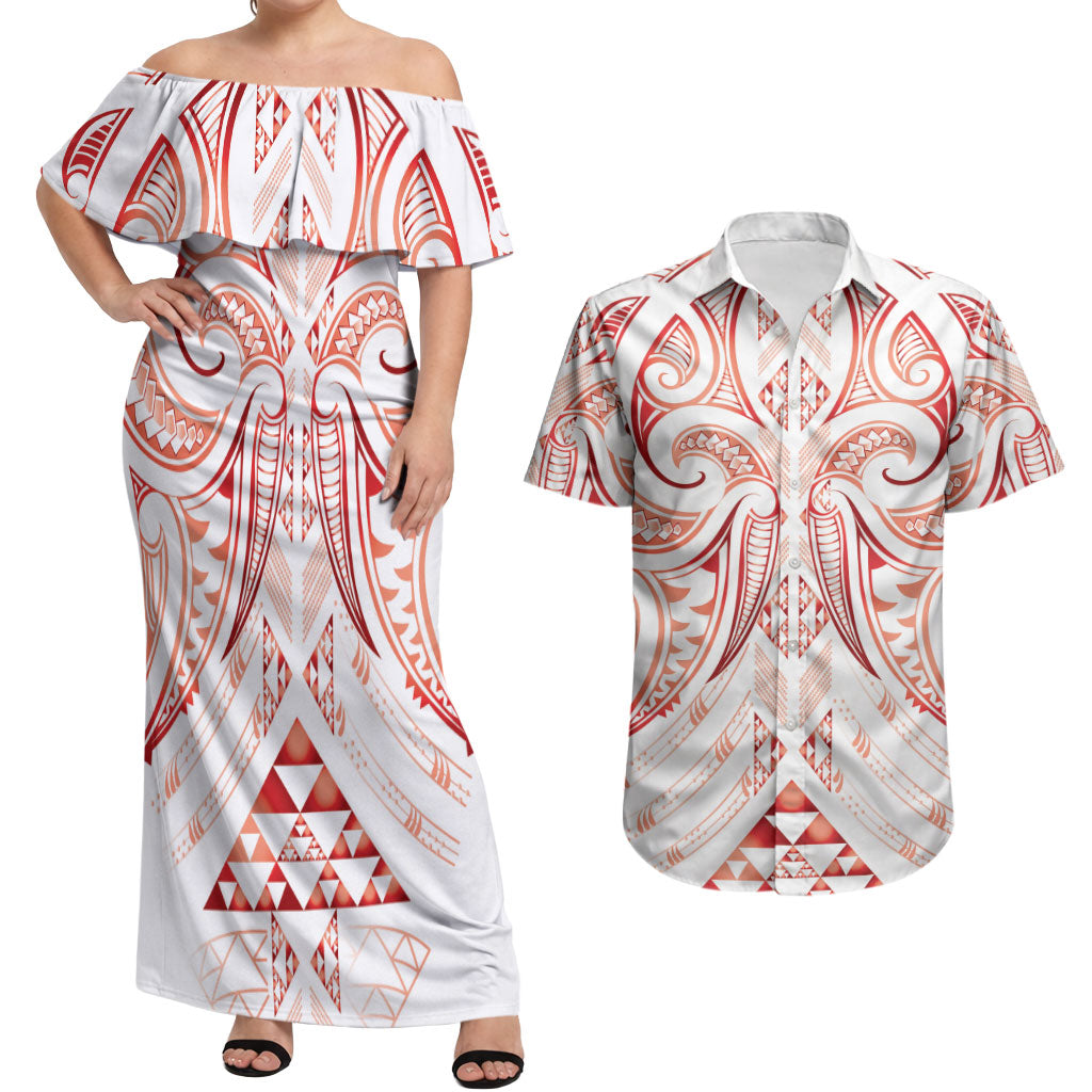 Maori Rugby Custom Ngaru Mangopare Couples Matching Off Shoulder Maxi Dress and Hawaiian Shirt Whero Niho Taniwha Motif