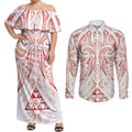 Maori Rugby Custom Ngaru Mangopare Couples Matching Off Shoulder Maxi Dress and Long Sleeve Button Shirt Whero Niho Taniwha Motif
