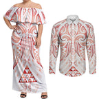 Maori Rugby Custom Ngaru Mangopare Couples Matching Off Shoulder Maxi Dress and Long Sleeve Button Shirt Whero Niho Taniwha Motif