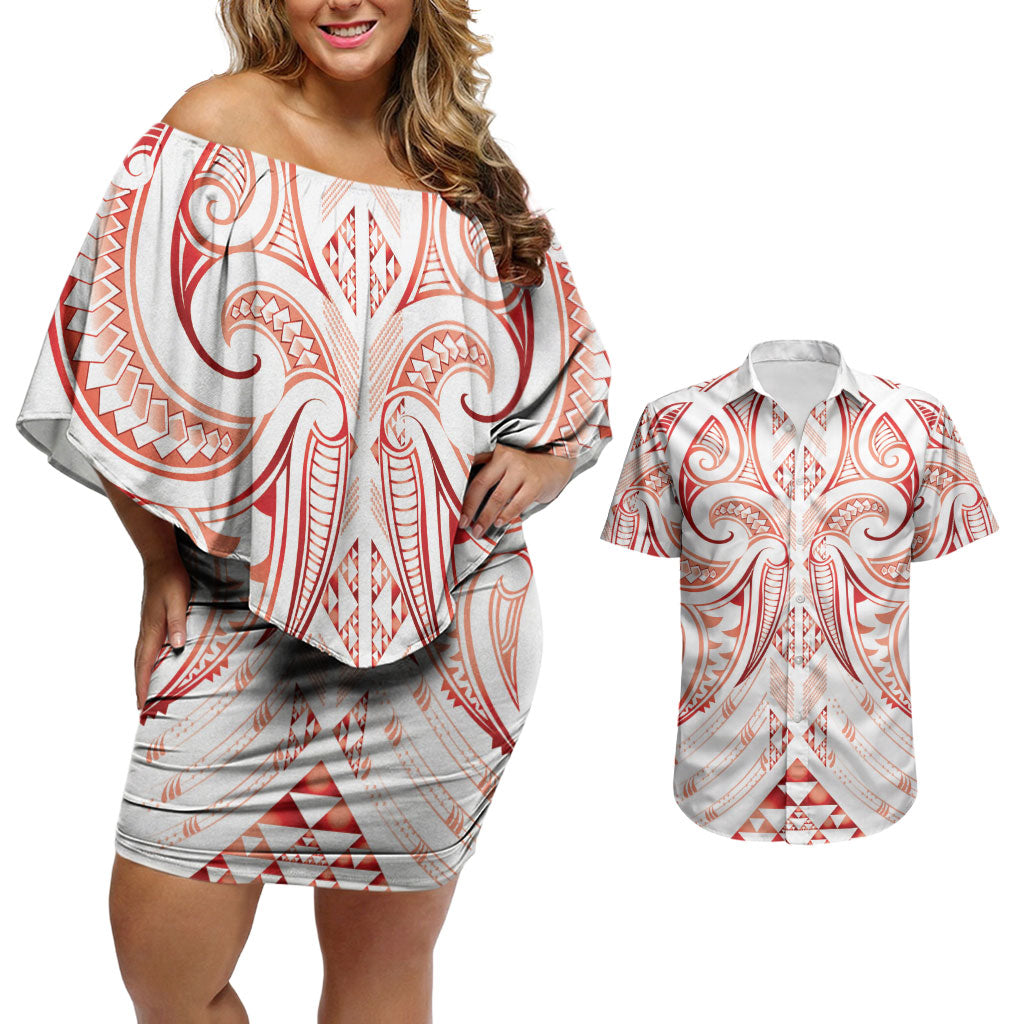 Maori Rugby Custom Ngaru Mangopare Couples Matching Off Shoulder Short Dress and Hawaiian Shirt Whero Niho Taniwha Motif