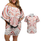 Maori Rugby Custom Ngaru Mangopare Couples Matching Off Shoulder Short Dress and Hawaiian Shirt Whero Niho Taniwha Motif