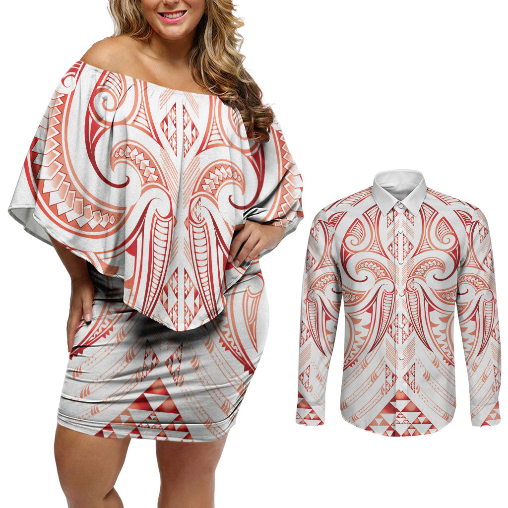 Maori Rugby Custom Ngaru Mangopare Couples Matching Off Shoulder Short Dress and Long Sleeve Button Shirt Whero Niho Taniwha Motif