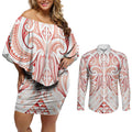 Maori Rugby Custom Ngaru Mangopare Couples Matching Off Shoulder Short Dress and Long Sleeve Button Shirt Whero Niho Taniwha Motif