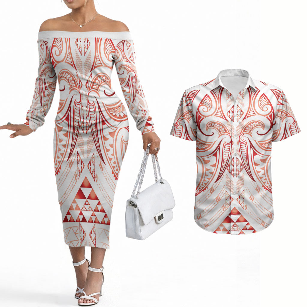 Maori Rugby Custom Ngaru Mangopare Couples Matching Off The Shoulder Long Sleeve Dress and Hawaiian Shirt Whero Niho Taniwha Motif