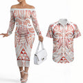 Maori Rugby Custom Ngaru Mangopare Couples Matching Off The Shoulder Long Sleeve Dress and Hawaiian Shirt Whero Niho Taniwha Motif