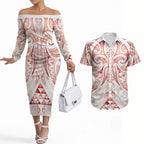 Maori Rugby Custom Ngaru Mangopare Couples Matching Off The Shoulder Long Sleeve Dress and Hawaiian Shirt Whero Niho Taniwha Motif