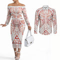 Maori Rugby Custom Ngaru Mangopare Couples Matching Off The Shoulder Long Sleeve Dress and Long Sleeve Button Shirt Whero Niho Taniwha Motif