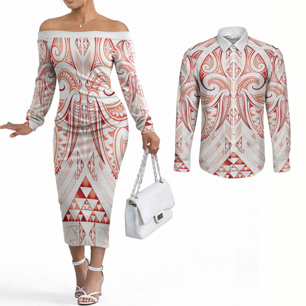 Maori Rugby Custom Ngaru Mangopare Couples Matching Off The Shoulder Long Sleeve Dress and Long Sleeve Button Shirt Whero Niho Taniwha Motif