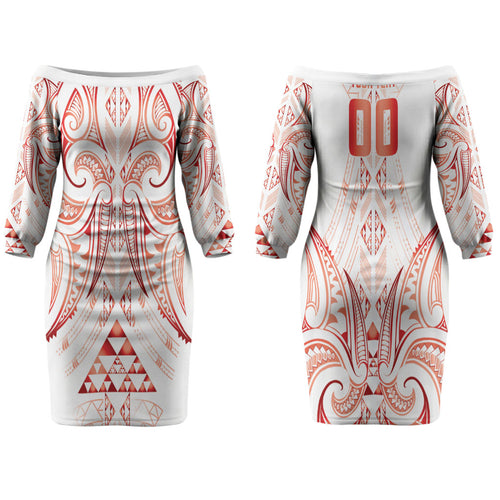 Maori Rugby Custom Ngaru Mangopare Couples Matching Off The Shoulder Long Sleeve Dress and Long Sleeve Button Shirt Whero Niho Taniwha Motif