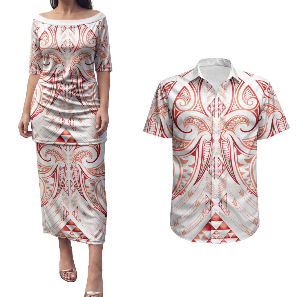 Maori Rugby Custom Ngaru Mangopare Couples Matching Puletasi and Hawaiian Shirt Whero Niho Taniwha Motif