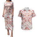 Maori Rugby Custom Ngaru Mangopare Couples Matching Puletasi and Hawaiian Shirt Whero Niho Taniwha Motif