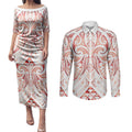 Maori Rugby Custom Ngaru Mangopare Couples Matching Puletasi and Long Sleeve Button Shirt Whero Niho Taniwha Motif