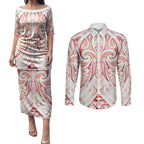Maori Rugby Custom Ngaru Mangopare Couples Matching Puletasi and Long Sleeve Button Shirt Whero Niho Taniwha Motif