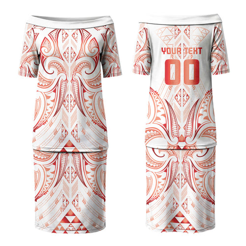 Maori Rugby Custom Ngaru Mangopare Couples Matching Puletasi and Long Sleeve Button Shirt Whero Niho Taniwha Motif