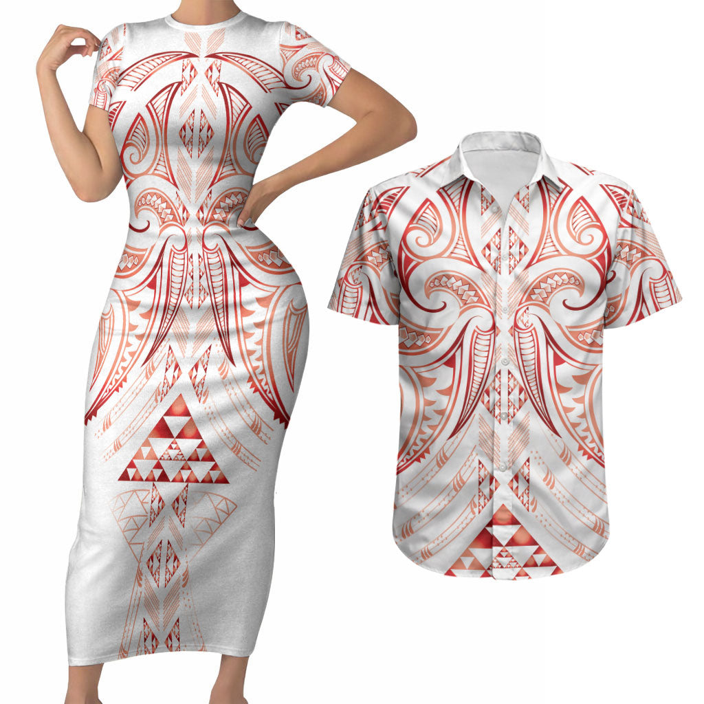 Maori Rugby Custom Ngaru Mangopare Couples Matching Short Sleeve Bodycon Dress and Hawaiian Shirt Whero Niho Taniwha Motif