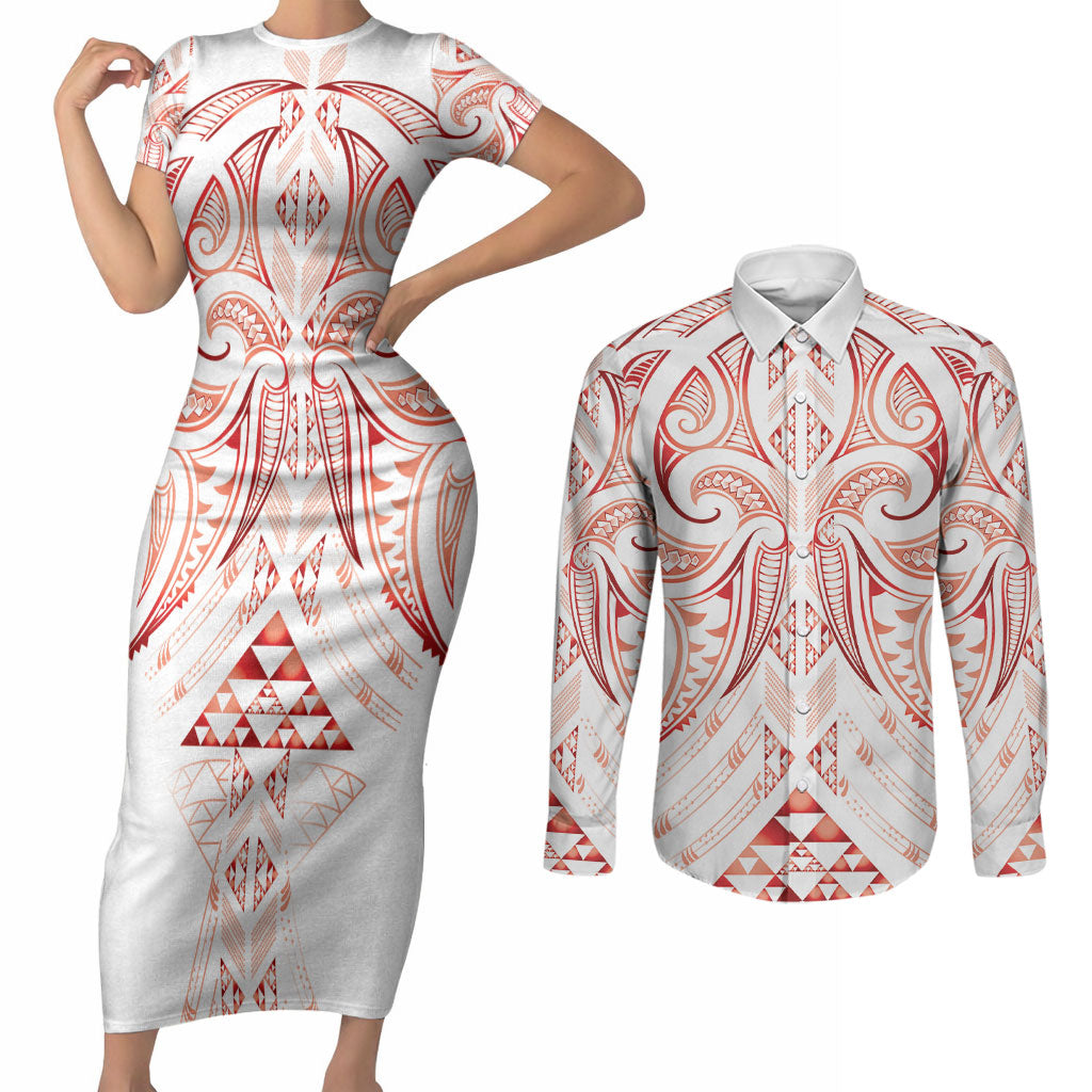 Maori Rugby Custom Ngaru Mangopare Couples Matching Short Sleeve Bodycon Dress and Long Sleeve Button Shirt Whero Niho Taniwha Motif