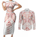 Maori Rugby Custom Ngaru Mangopare Couples Matching Short Sleeve Bodycon Dress and Long Sleeve Button Shirt Whero Niho Taniwha Motif