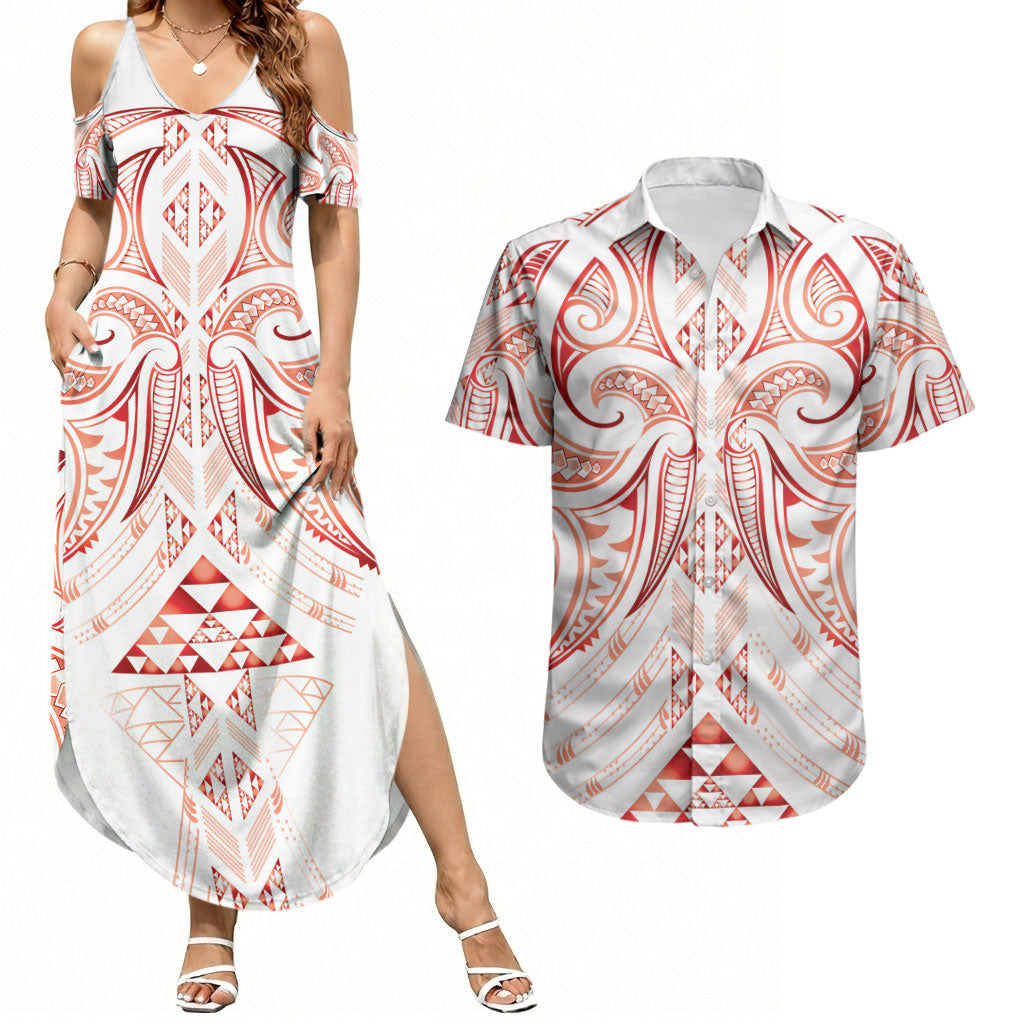 Maori Rugby Custom Ngaru Mangopare Couples Matching Summer Maxi Dress and Hawaiian Shirt Whero Niho Taniwha Motif