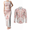Maori Rugby Custom Ngaru Mangopare Couples Matching Tank Maxi Dress and Long Sleeve Button Shirt Whero Niho Taniwha Motif