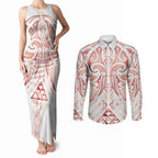 Maori Rugby Custom Ngaru Mangopare Couples Matching Tank Maxi Dress and Long Sleeve Button Shirt Whero Niho Taniwha Motif