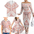 Maori Rugby Custom Ngaru Mangopare Family Matching Off The Shoulder Long Sleeve Dress and Hawaiian Shirt Whero Niho Taniwha Motif