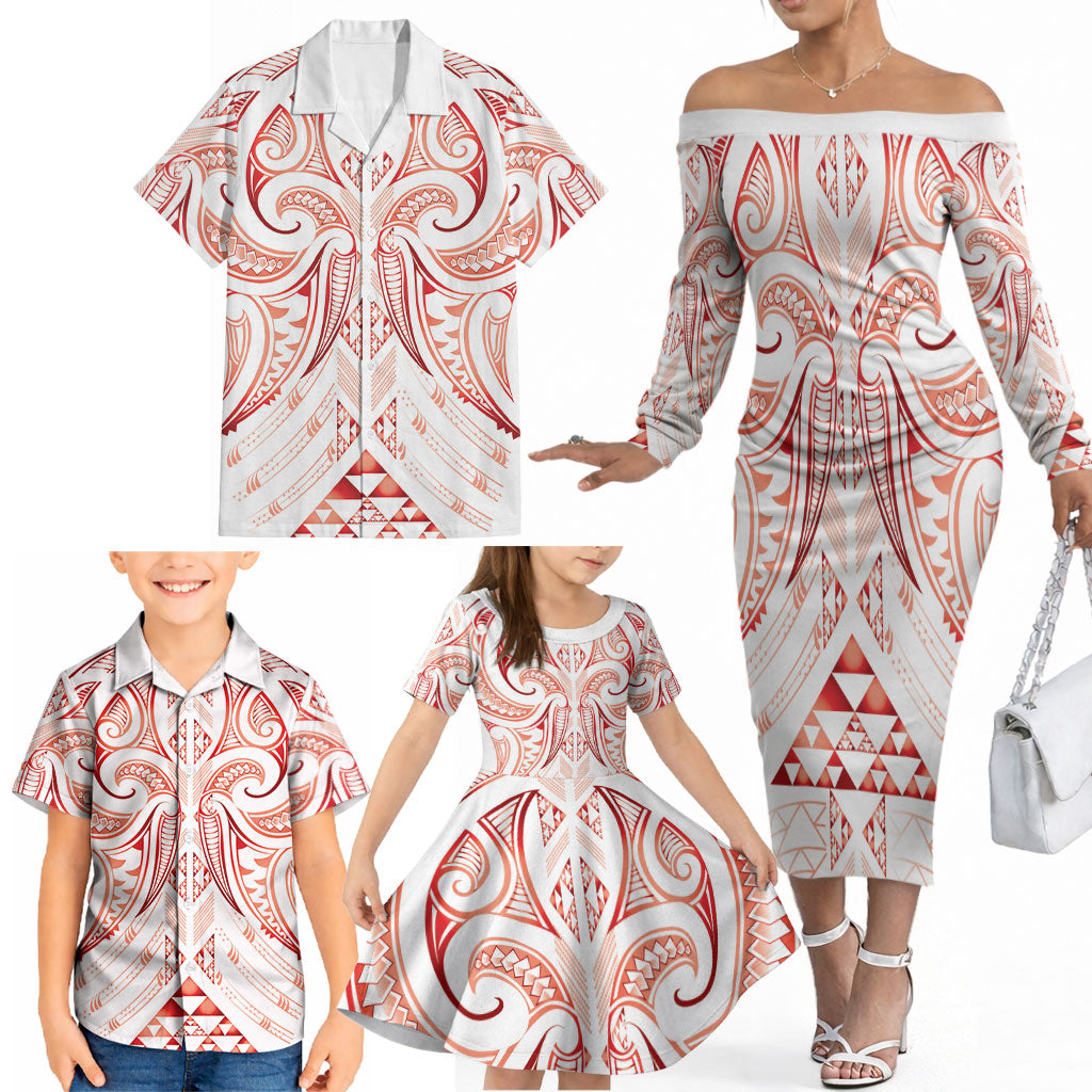 Maori Rugby Custom Ngaru Mangopare Family Matching Off The Shoulder Long Sleeve Dress and Hawaiian Shirt Whero Niho Taniwha Motif