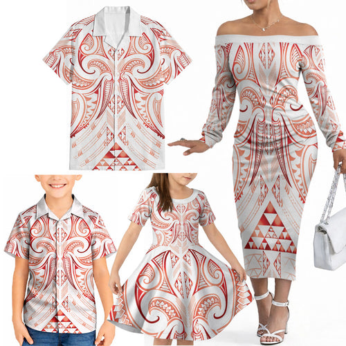 Maori Rugby Custom Ngaru Mangopare Family Matching Off The Shoulder Long Sleeve Dress and Hawaiian Shirt Whero Niho Taniwha Motif
