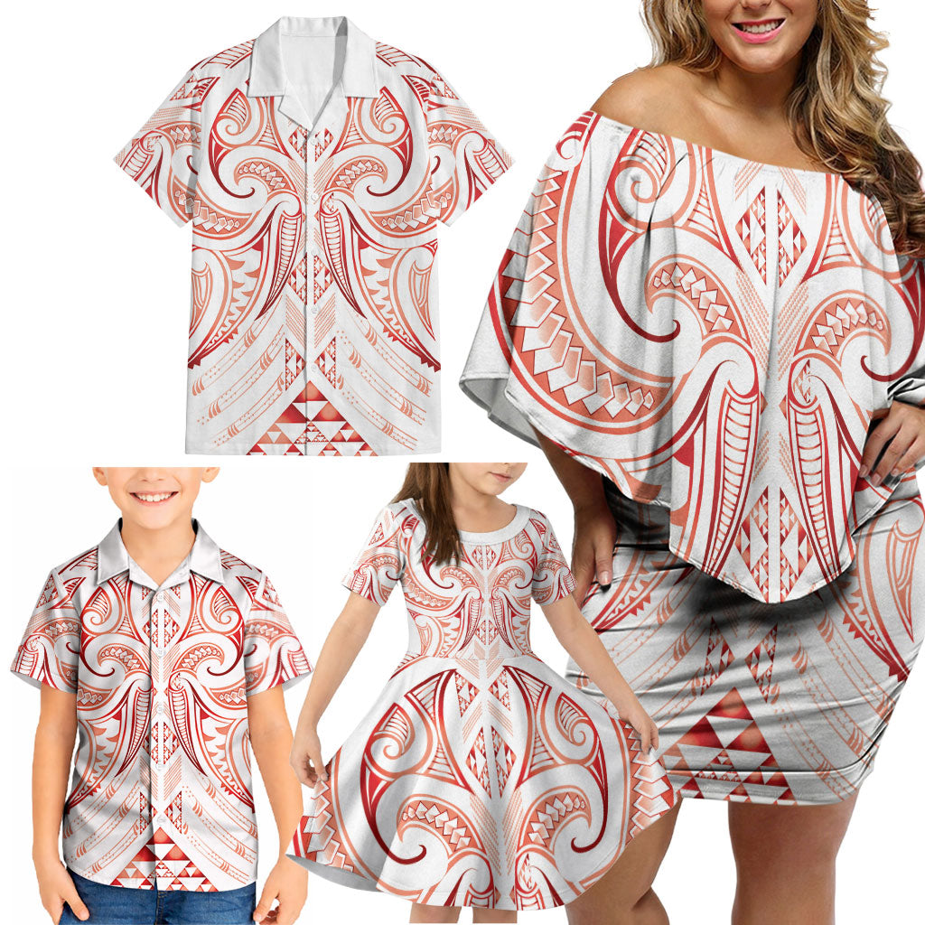 Maori Rugby Custom Ngaru Mangopare Family Matching Off Shoulder Short Dress and Hawaiian Shirt Whero Niho Taniwha Motif