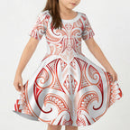 Maori Rugby Custom Ngaru Mangopare Kid Short Sleeve Dress Whero Niho Taniwha Motif