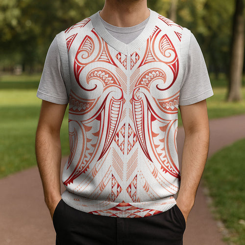 Maori Rugby Custom Ngaru Mangopare Christmas Knitted V-Neck Vest Whero Niho Taniwha Motif