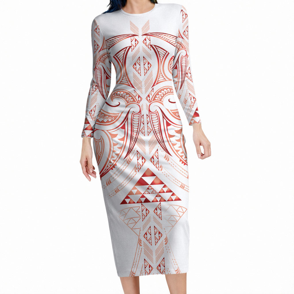 Maori Rugby Custom Ngaru Mangopare Long Sleeve Bodycon Dress Whero Niho Taniwha Motif