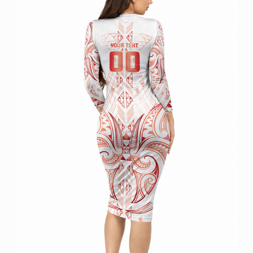 Maori Rugby Custom Ngaru Mangopare Long Sleeve Bodycon Dress Whero Niho Taniwha Motif