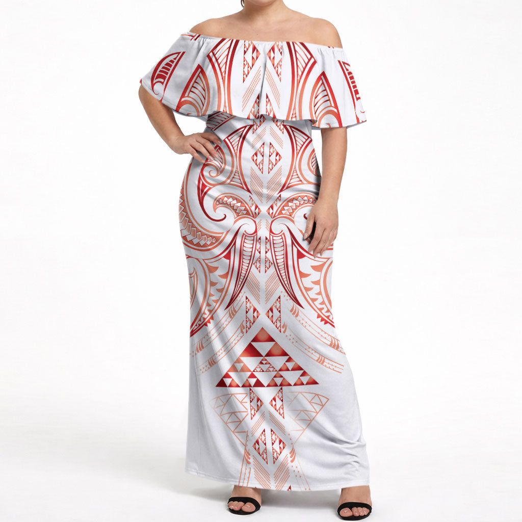 Maori Rugby Custom Ngaru Mangopare Off Shoulder Maxi Dress Whero Niho Taniwha Motif