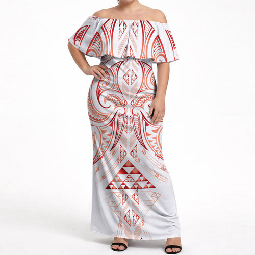 Maori Rugby Custom Ngaru Mangopare Off Shoulder Maxi Dress Whero Niho Taniwha Motif