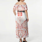 Maori Rugby Custom Ngaru Mangopare Off Shoulder Maxi Dress Whero Niho Taniwha Motif