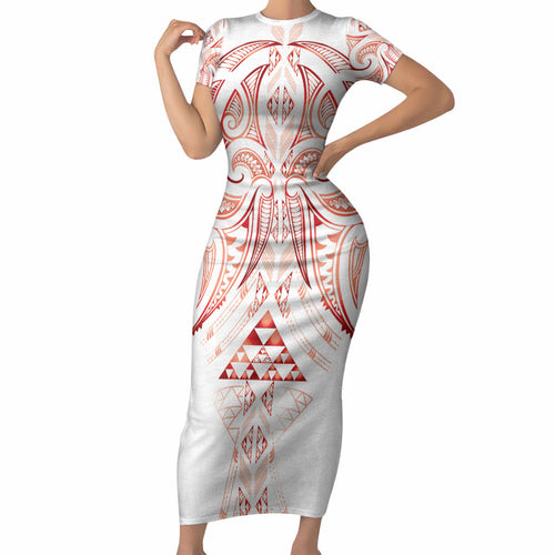 Maori Rugby Custom Ngaru Mangopare Short Sleeve Bodycon Dress Whero Niho Taniwha Motif