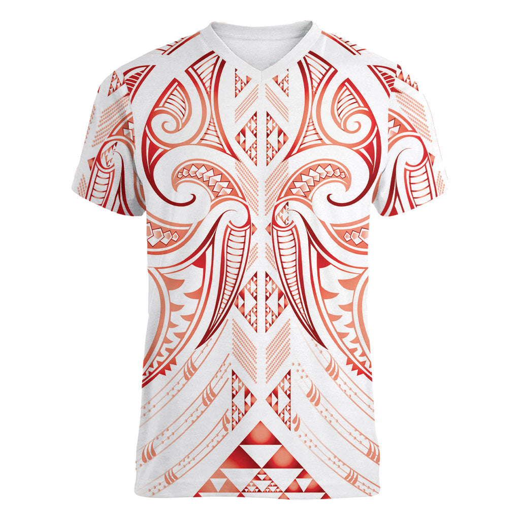 Maori Rugby Custom Ngaru Mangopare Women V-Neck T-Shirt Whero Niho Taniwha Motif