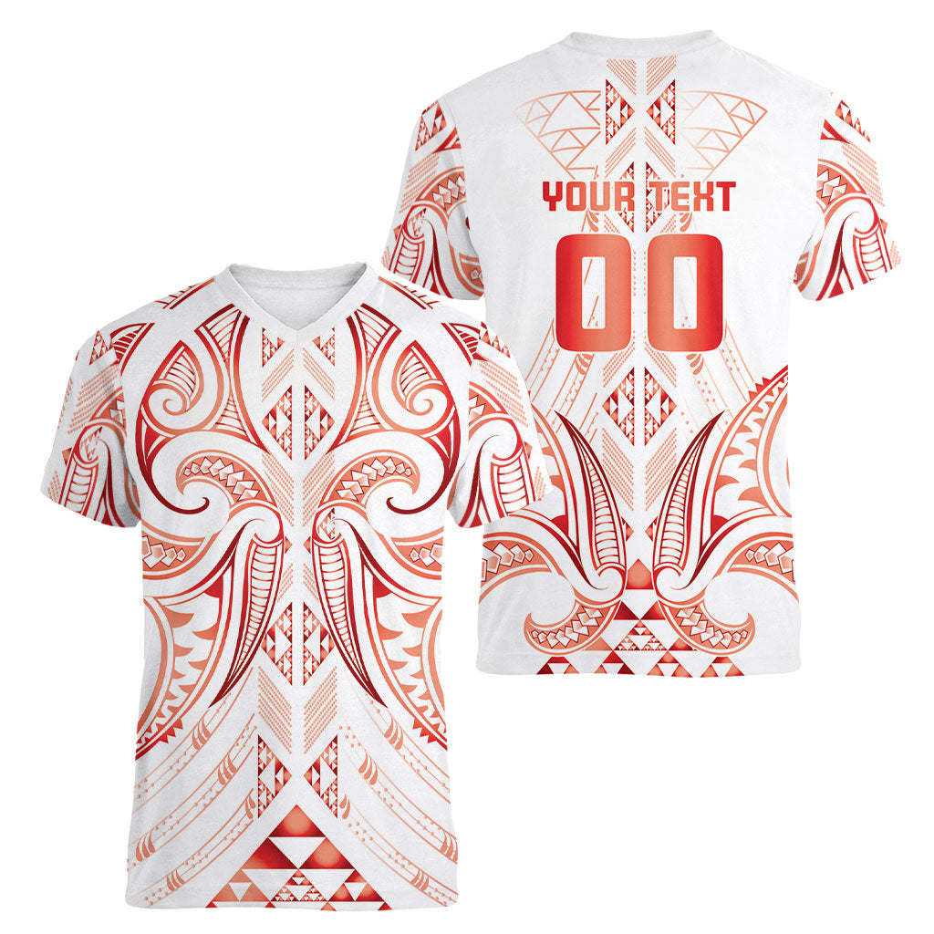 Maori Rugby Custom Ngaru Mangopare Women V-Neck T-Shirt Whero Niho Taniwha Motif