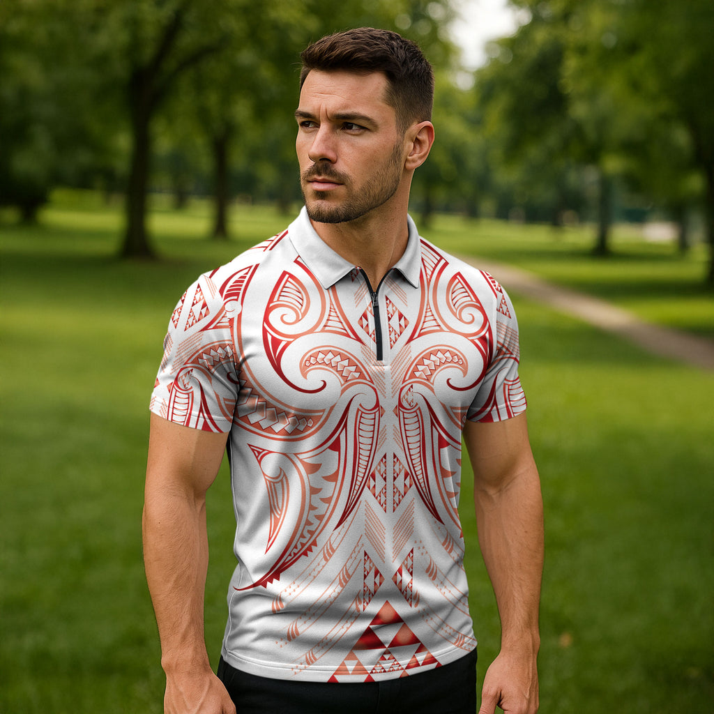 Maori Rugby Custom Ngaru Mangopare Zipper Polo Shirt Whero Niho Taniwha Motif