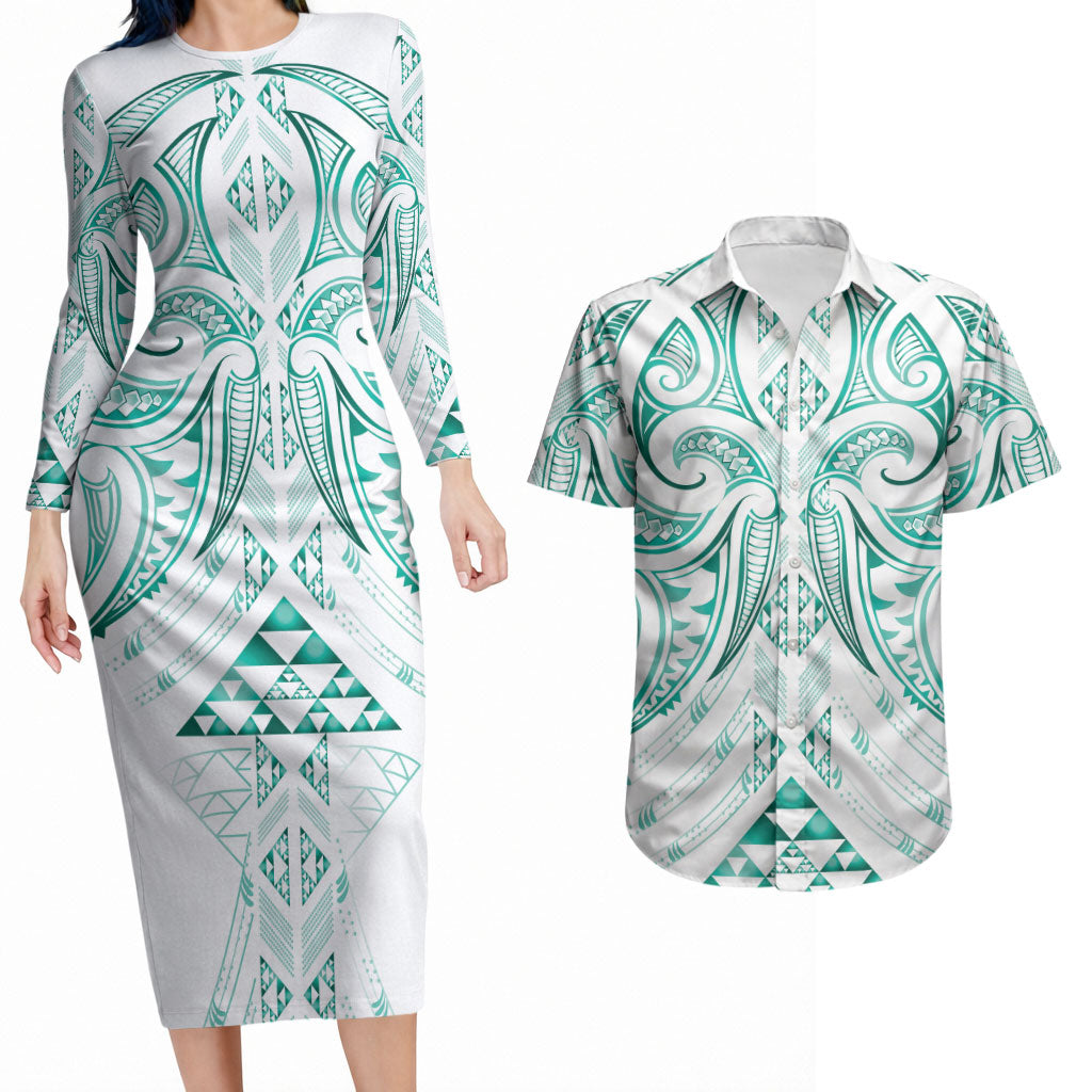 Maori Rugby Custom Ngaru Mangopare Couples Matching Long Sleeve Bodycon Dress and Hawaiian Shirt Karikiorangi Taniwha Motif