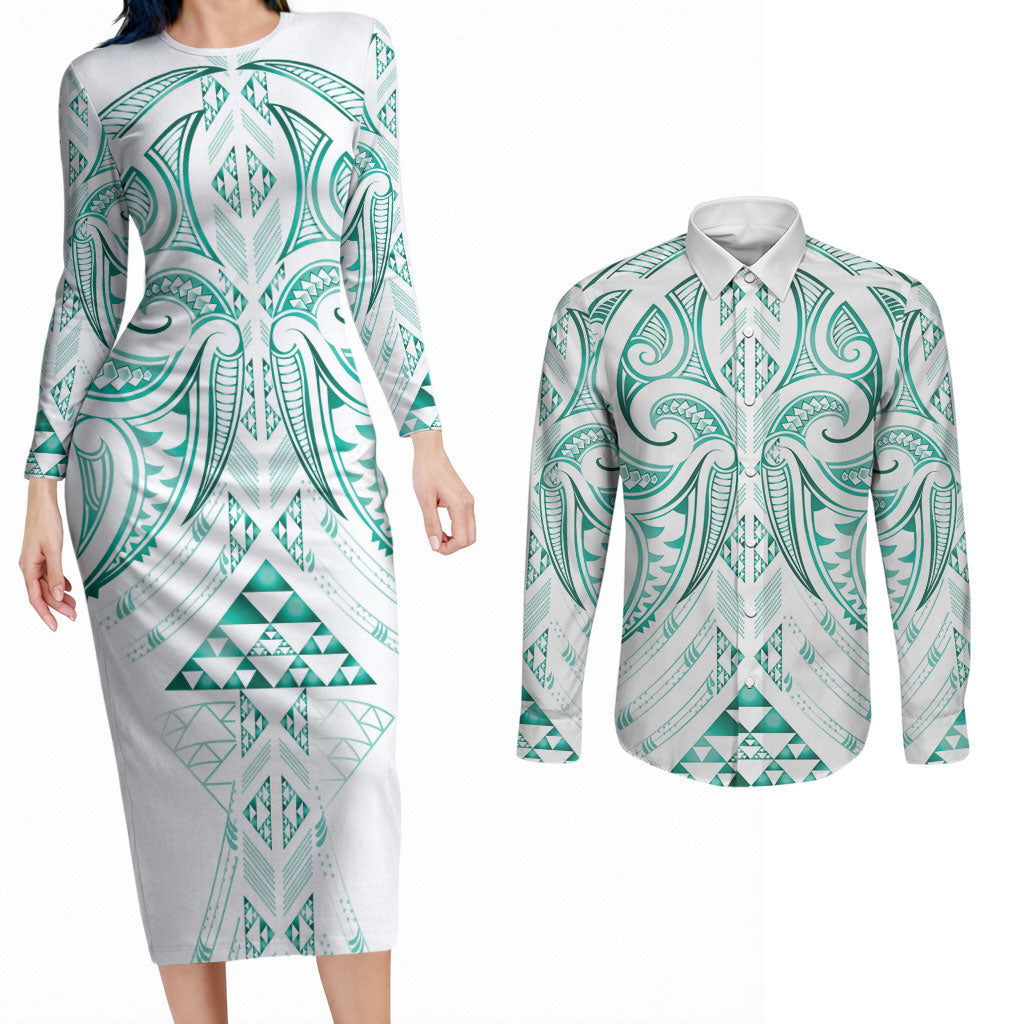Maori Rugby Custom Ngaru Mangopare Couples Matching Long Sleeve Bodycon Dress and Long Sleeve Button Shirt Karikiorangi Taniwha Motif
