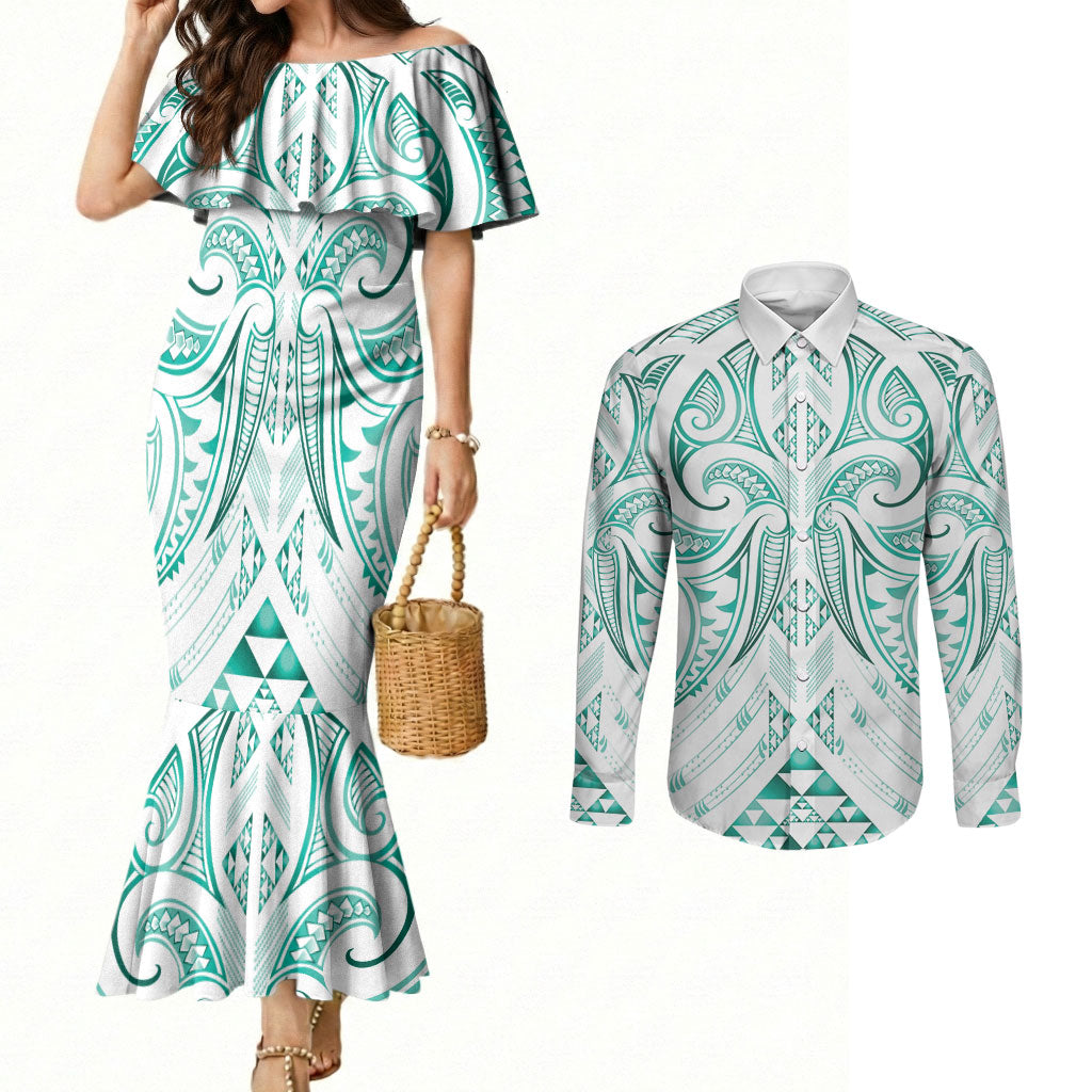Maori Rugby Custom Ngaru Mangopare Couples Matching Mermaid Dress and Long Sleeve Button Shirt Karikiorangi Taniwha Motif