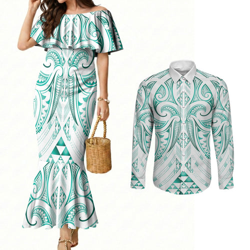 Maori Rugby Custom Ngaru Mangopare Couples Matching Mermaid Dress and Long Sleeve Button Shirt Karikiorangi Taniwha Motif
