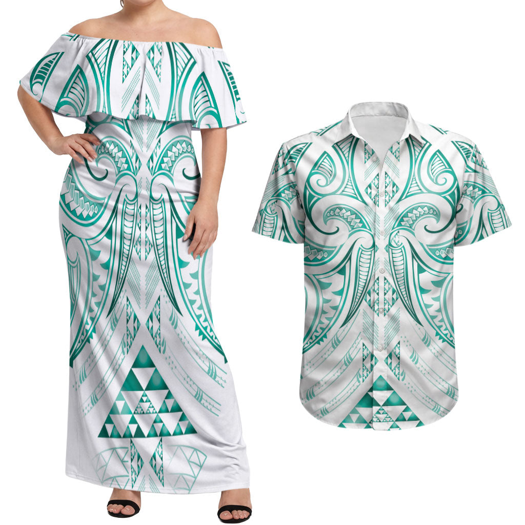 Maori Rugby Custom Ngaru Mangopare Couples Matching Off Shoulder Maxi Dress and Hawaiian Shirt Karikiorangi Taniwha Motif