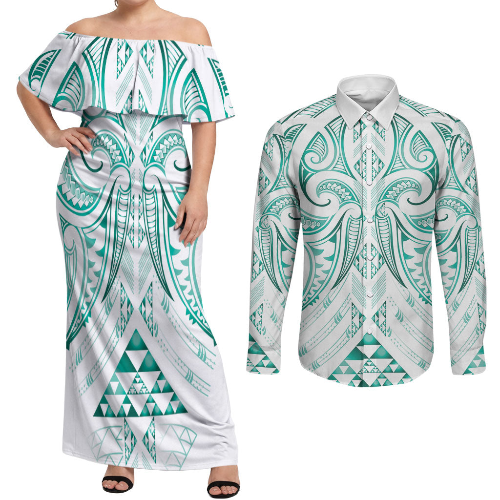 Maori Rugby Custom Ngaru Mangopare Couples Matching Off Shoulder Maxi Dress and Long Sleeve Button Shirt Karikiorangi Taniwha Motif