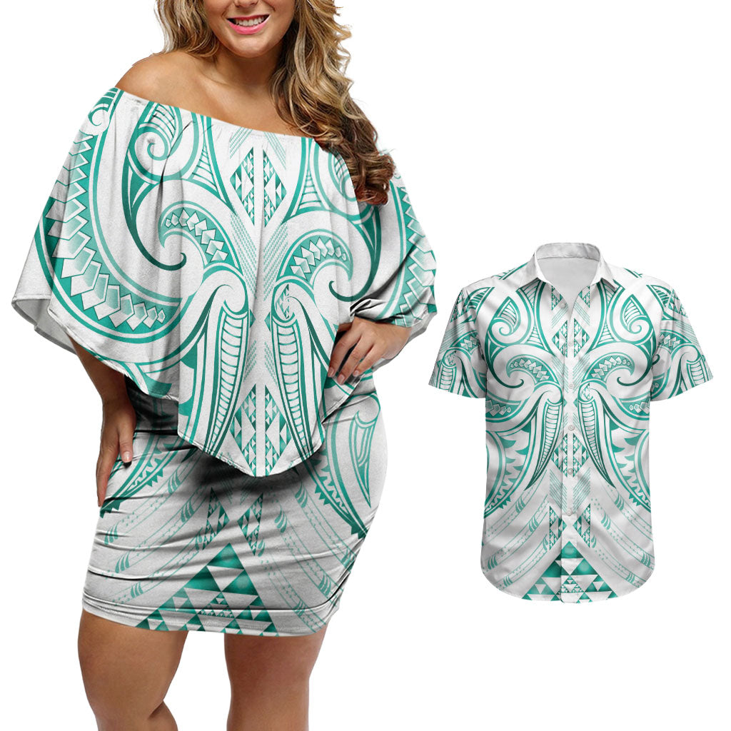 Maori Rugby Custom Ngaru Mangopare Couples Matching Off Shoulder Short Dress and Hawaiian Shirt Karikiorangi Taniwha Motif
