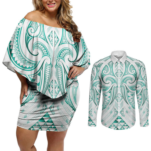 Maori Rugby Custom Ngaru Mangopare Couples Matching Off Shoulder Short Dress and Long Sleeve Button Shirt Karikiorangi Taniwha Motif